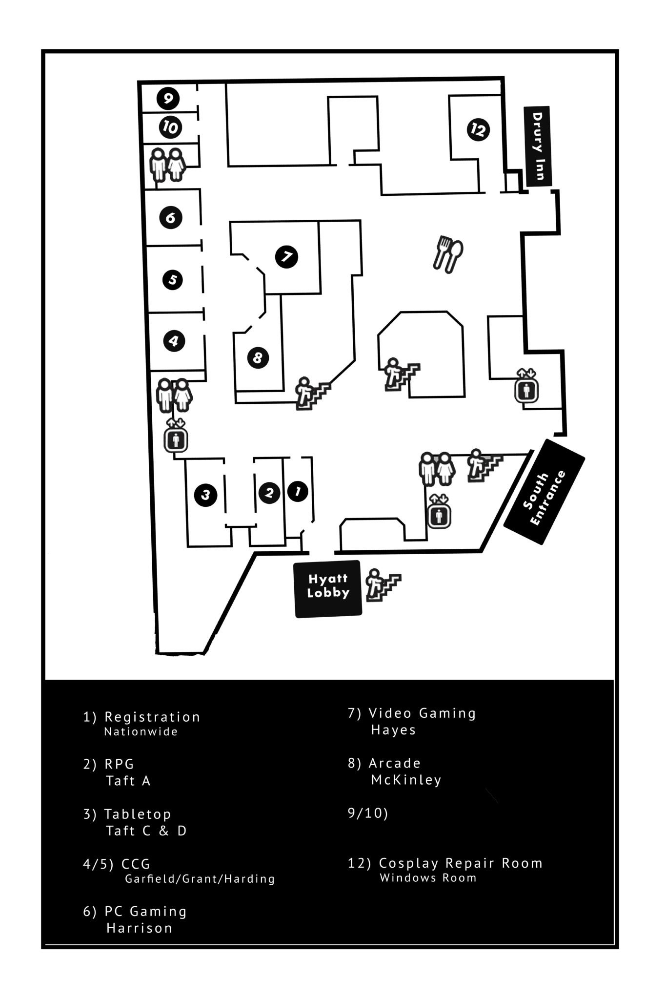 Matsuricon map of the Hyatt Regency lobby level, showing registration, gaming rooms, cosplay repair, entrances, elevators, stairs, and restrooms.