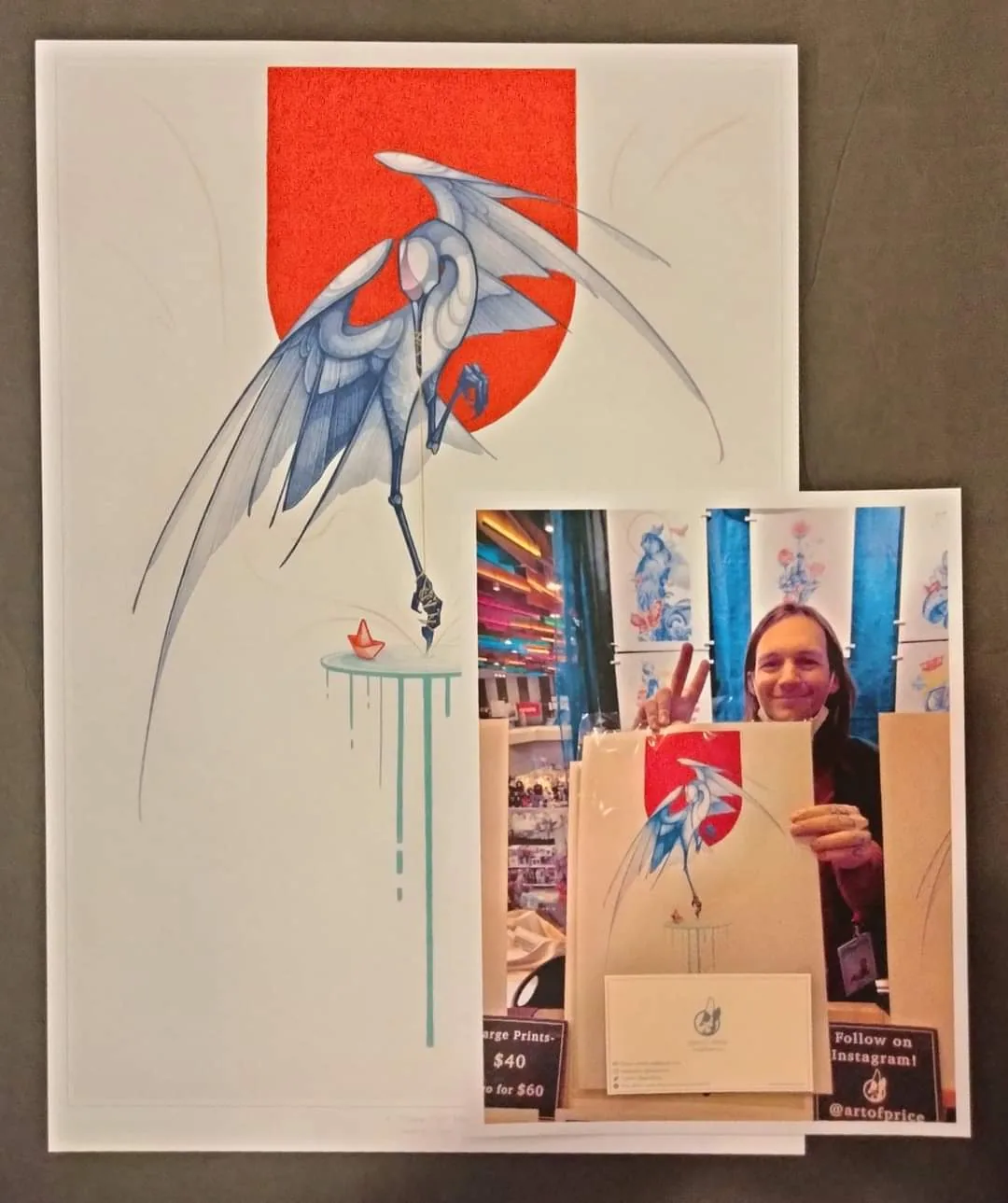 A stylized heron art print displayed with a photo of its artist