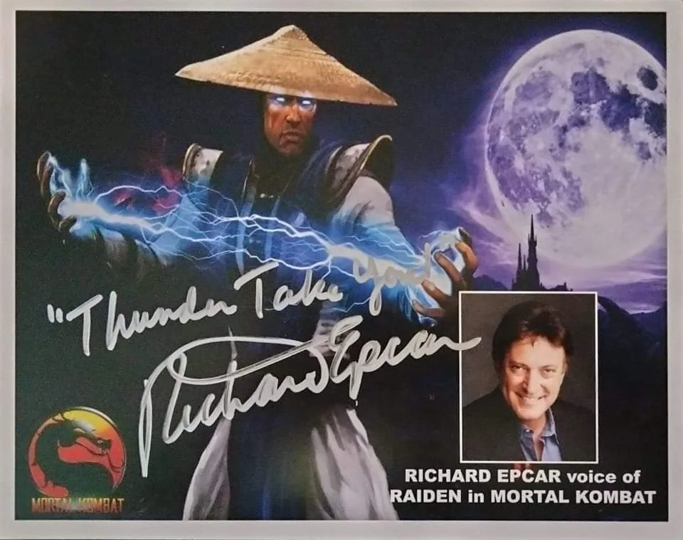 A signed Richard Epcar print featuring Raiden from Mortal Kombat