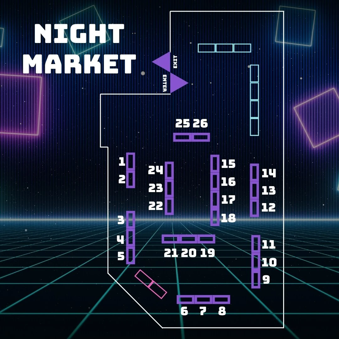 2026 Night Market floor map showing tables 1 through 26 and the room entrance and exit.