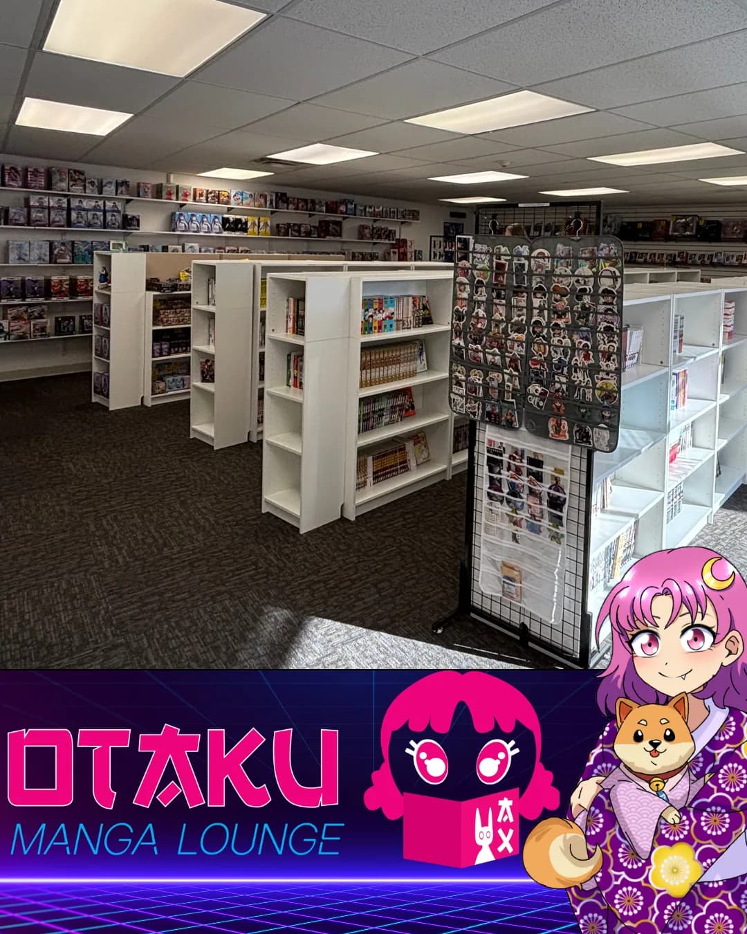 Rows of manga, figures, and collectibles inside Otaku Manga Lounge, above the lounge logo and mascot artwork.